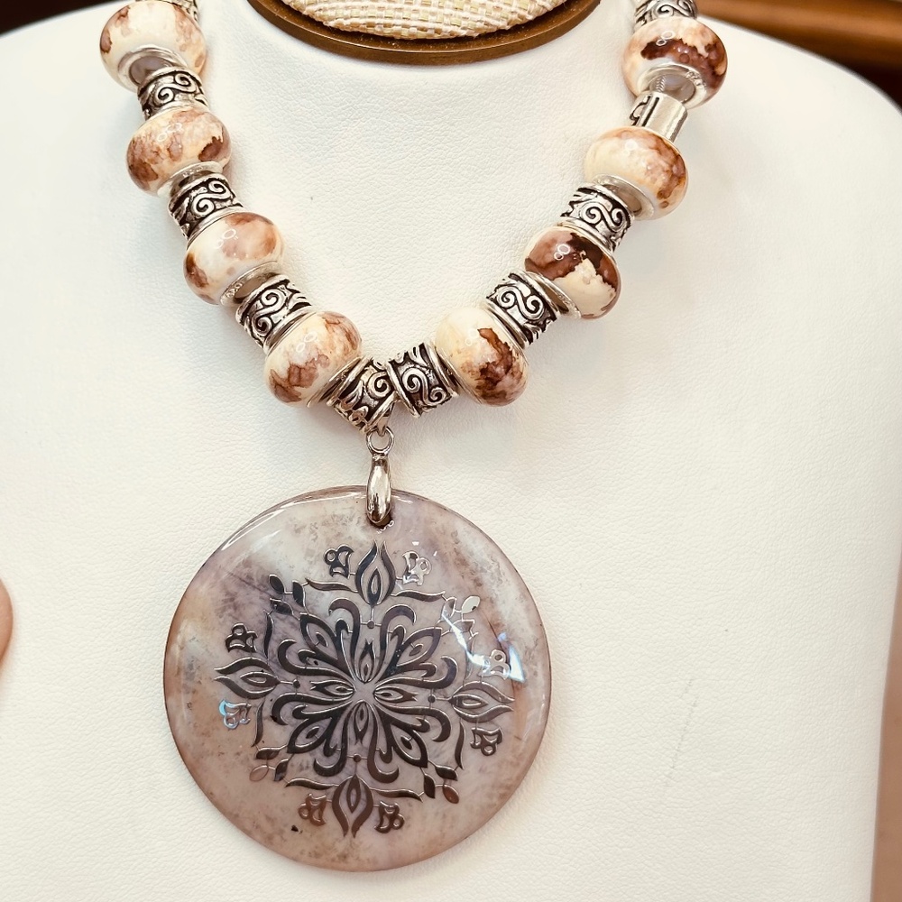 925 Sterling Silver chain Large Round Shell Pendant. Tan Beads w/Tibetan Spacers